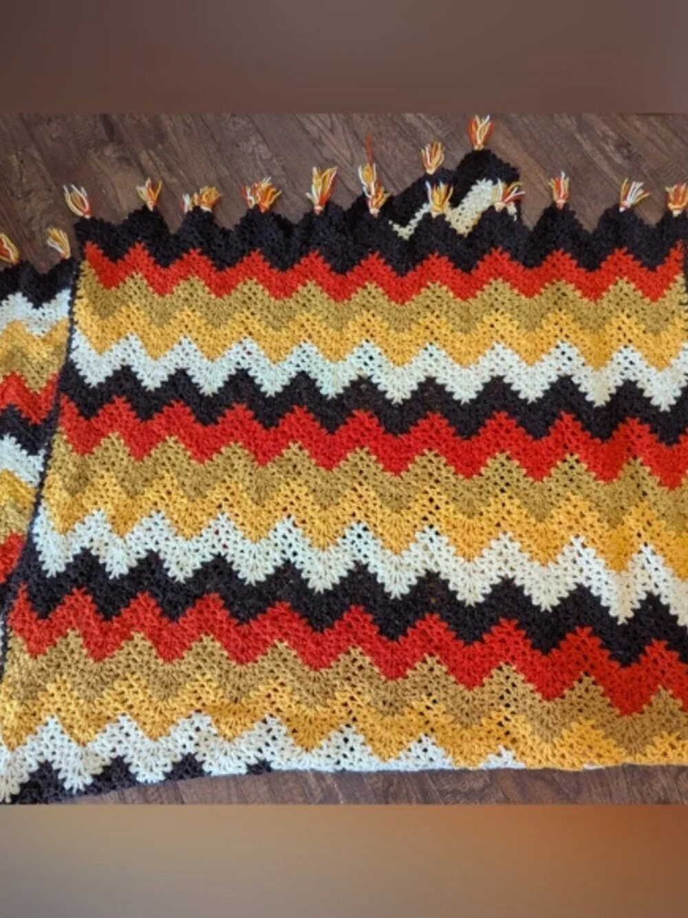 Vintage Chevron Afghan Crocheted Blanket Throw Zig Zag Earthy 70s Retro Groovy